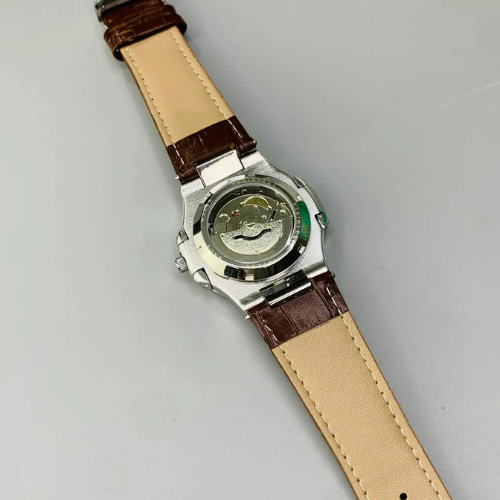Nautilus Style Steel Watch – Black Dial & Brown Leather Strap