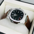 Nautilus Style Steel Watch – Black Dial & Brown Leather Strap