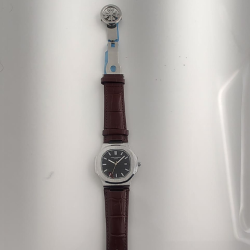 Nautilus Style Steel Watch – Black Dial & Brown Leather Strap