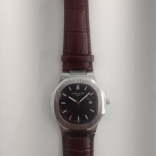 Nautilus Style Steel Watch – Black Dial & Brown Leather Strap