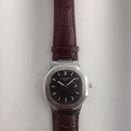 Nautilus Style Steel Watch – Black Dial & Brown Leather Strap