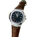 Nautilus Style Steel Watch – Black Dial & Brown Leather Strap