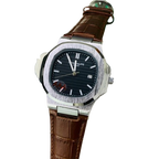 Nautilus Style Steel Watch – Black Dial & Brown Leather Strap