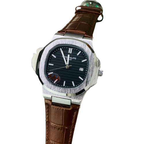 Nautilus Style Steel Watch – Black Dial & Brown Leather Strap