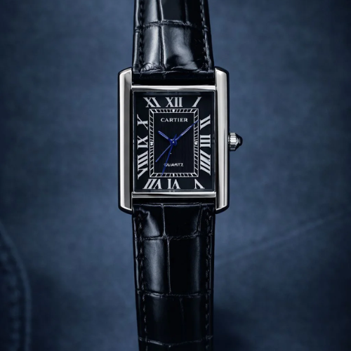 Cartier Tank Style Classic Black Leather Watch