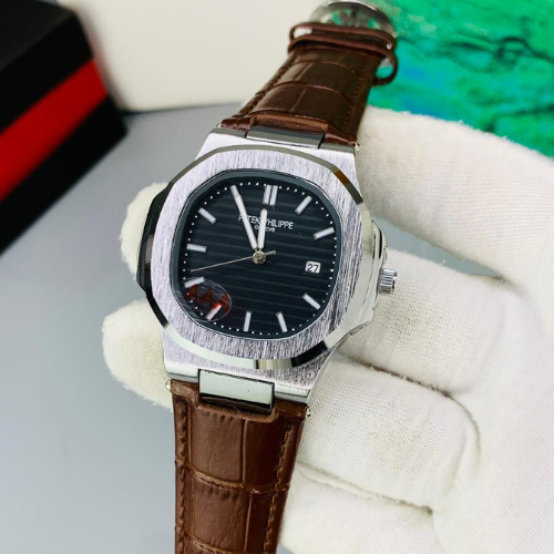 Nautilus Style Steel Watch – Black Dial & Brown Leather Strap