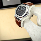 Nautilus Style Steel Watch – Black Dial & Brown Leather Strap