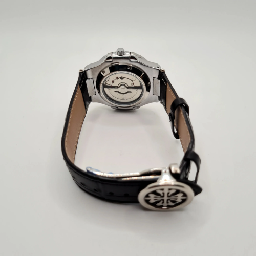 Nautilus Style Steel Watch – Black Dial & Brown Leather Strap