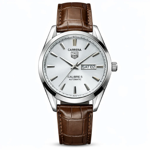 Carrera Calibre 5 Style Automatic Watch – White Dial & Brown Leather Strap