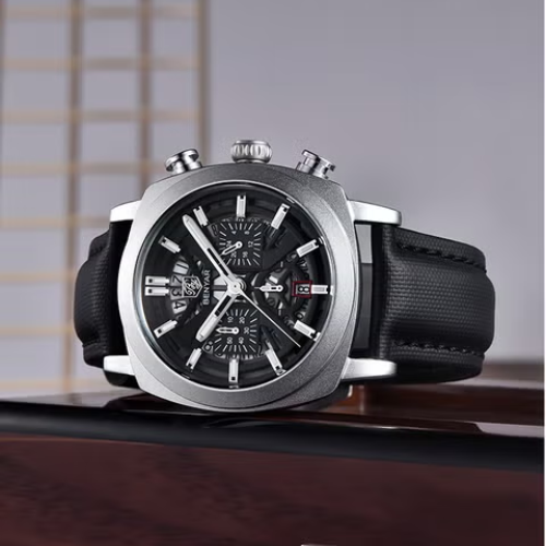 Benyar Chronograph – Black Dial with Silver Case