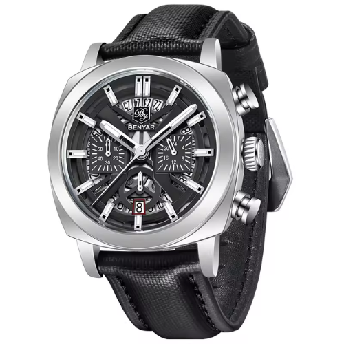 Benyar Chronograph – Black Dial with Silver Case