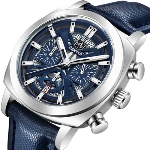 Benyar Chronograph – Blue Dial with Silver Case